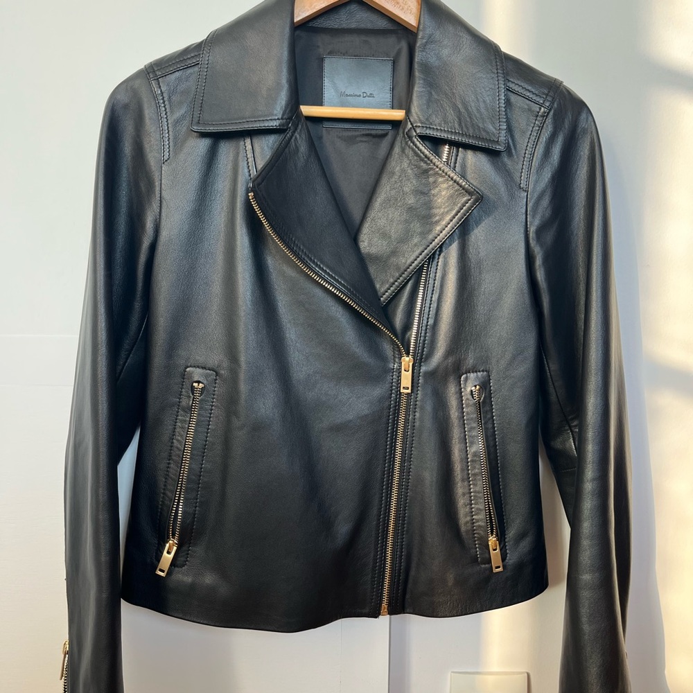 Massimo Dutti Black Leather Jacket NEW